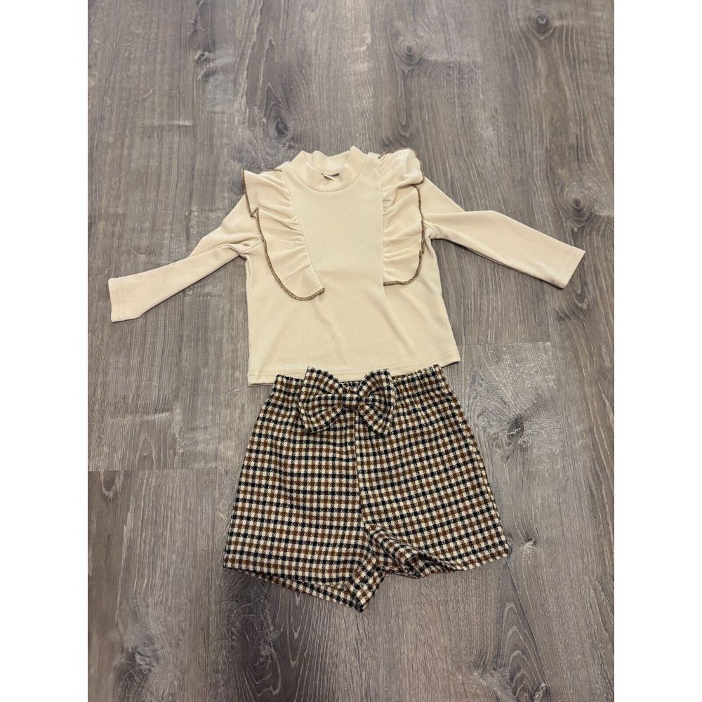 Shein‎ Toddler Girl's Shorts Long Sleeve Top Bow Plaid Brown Cream Size 2-3 year